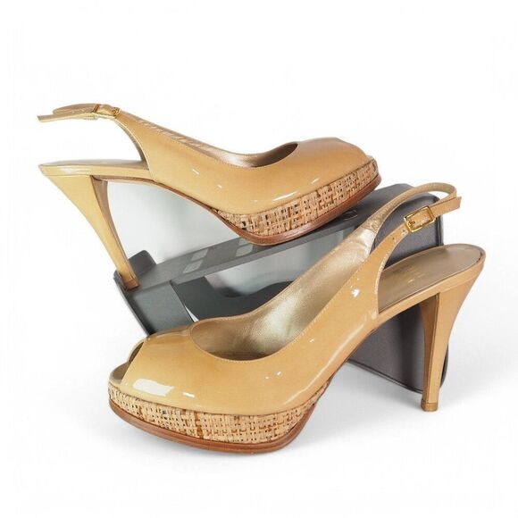 Stuart Weitzman Patent Leather Slingback Platform Pumps Beige Women's 9.5M - Picture 1 of 10